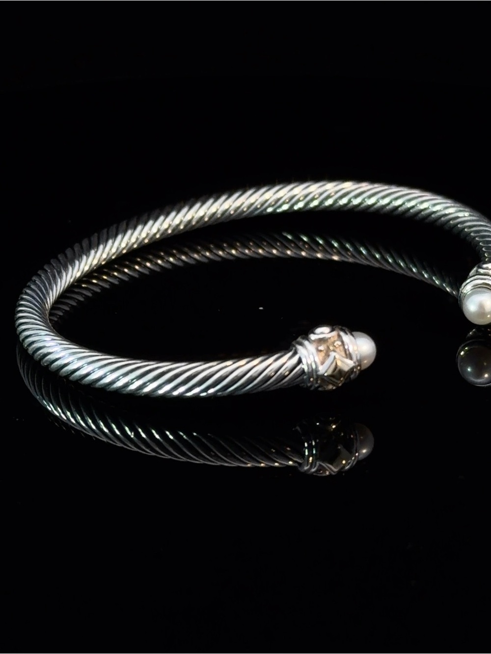 David Yurman Sterling Silver Cable Cuff Bracelet with White Pearls - Picture 6 of 7